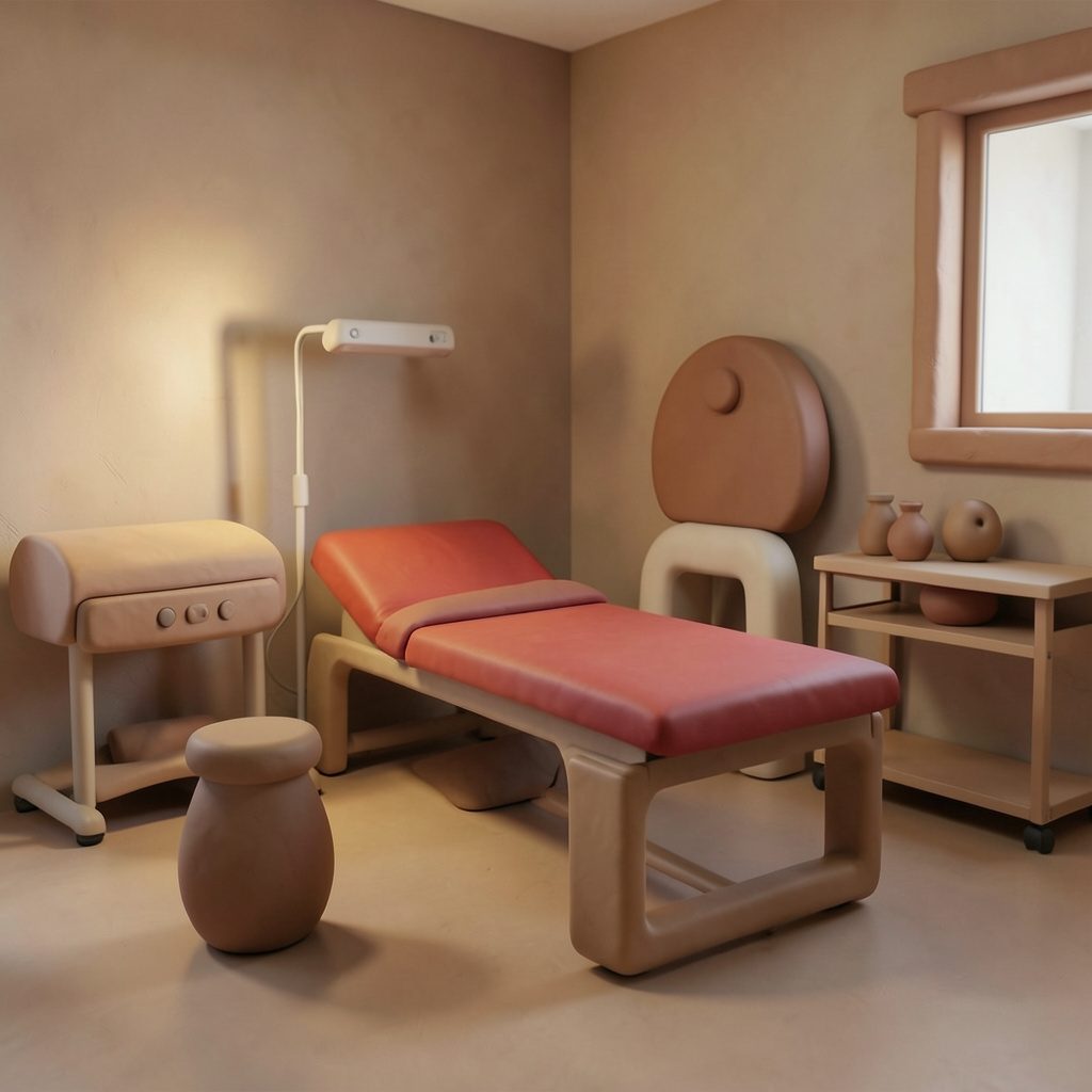 A softly lit hospital therapy room with rounded clay-model forms suggesting gentle rehabilitation equipment and warm, muted earth tones.