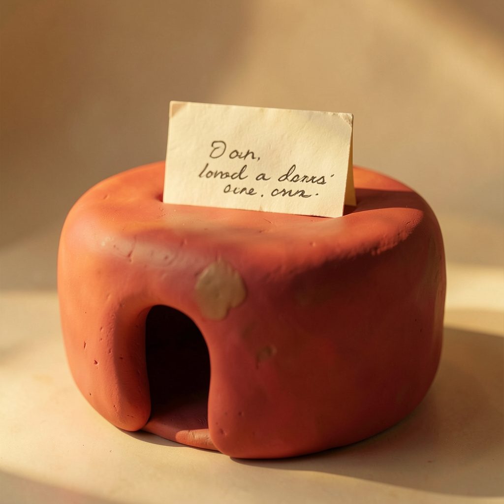A rounded clay-model bedside table holding a handwritten card, bathed in warm golden light.