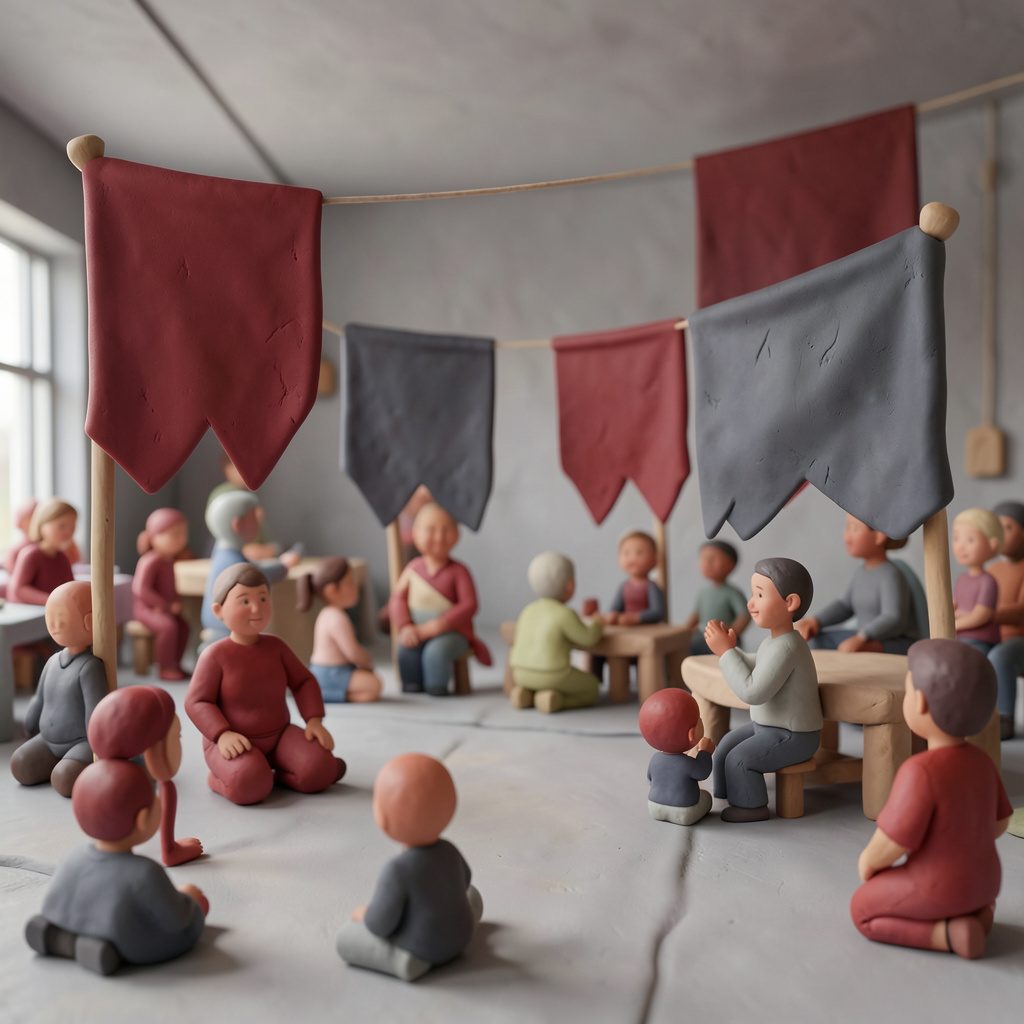 A gathering space with soft clay-model banners in deep crimson and gray, suggesting a campus community event.