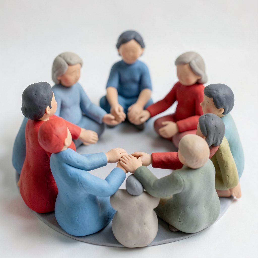 A soft clay-model scene of people gathered in a circle, hands joined, in gentle shades of blue and gray.