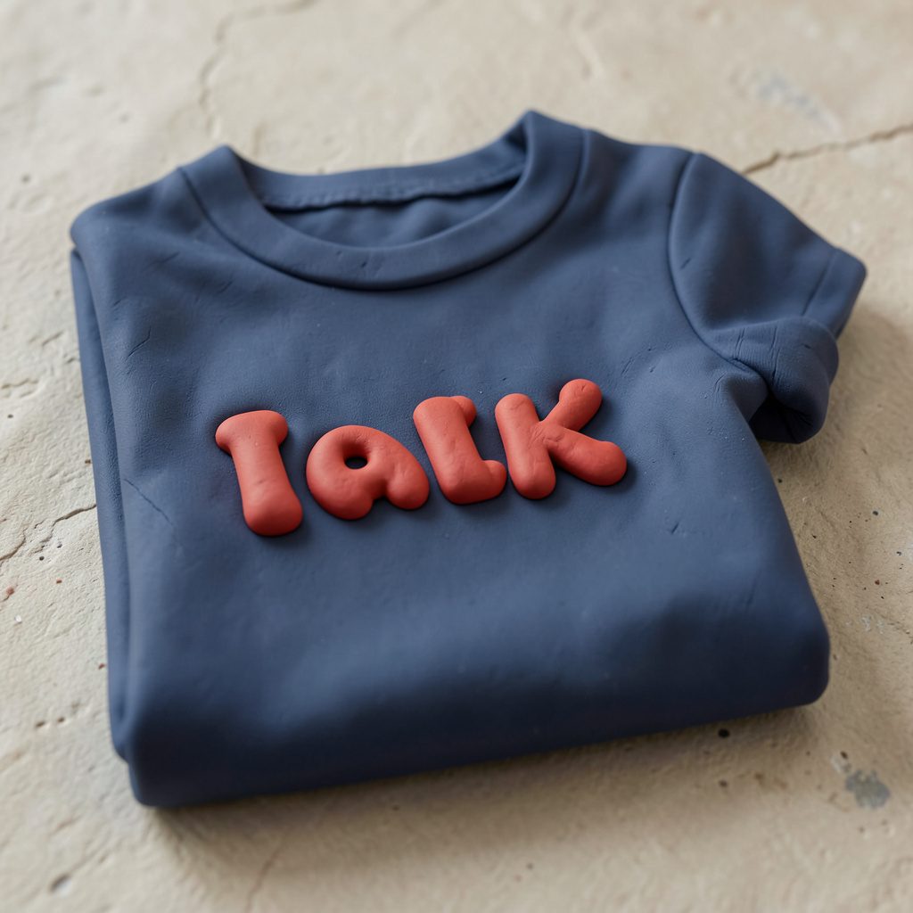 A folded clay-model t-shirt in navy blue with soft rounded lettering, resting on a textured surface.