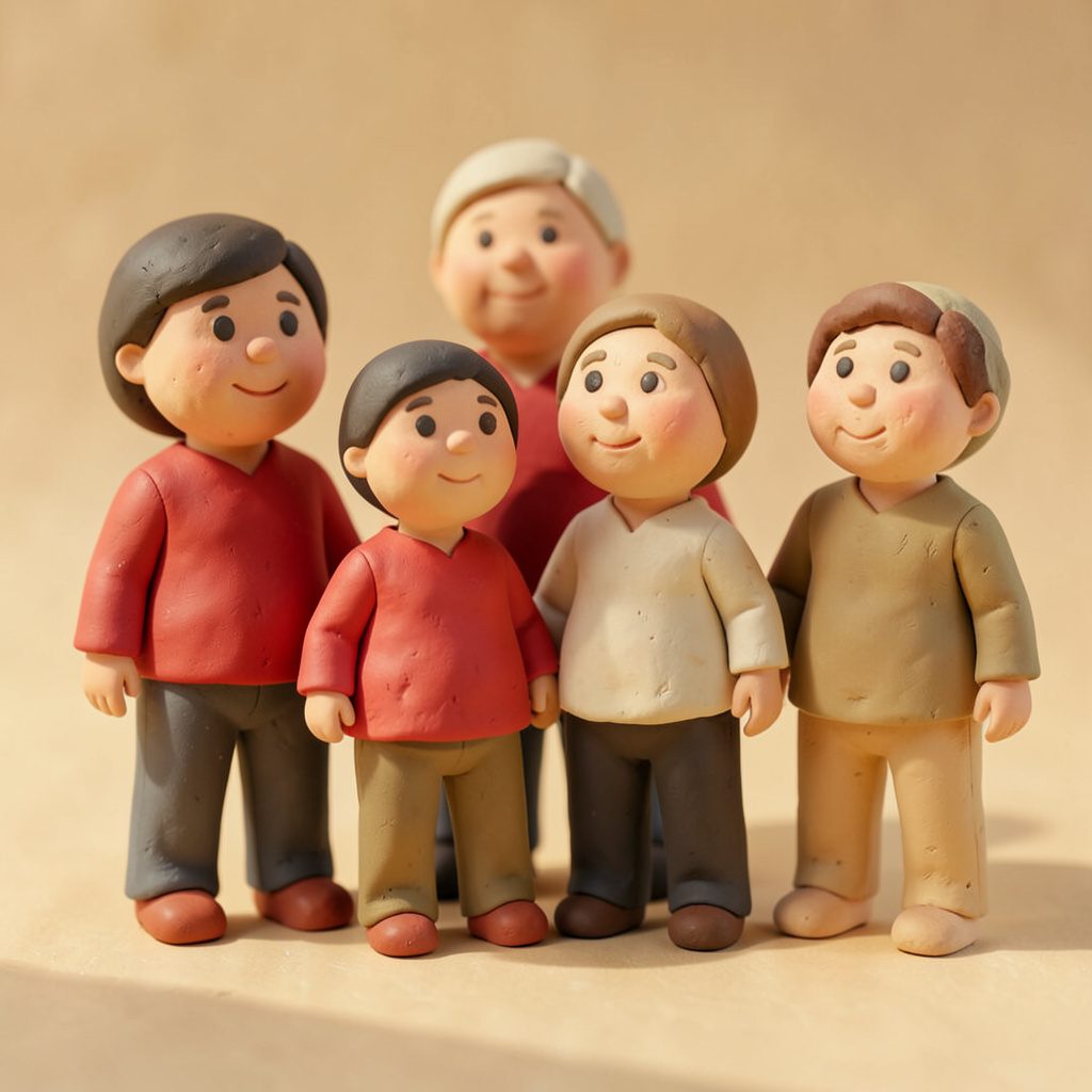 A group of rounded clay-model figures wearing matching shirts, standing together in warm daylight tones.