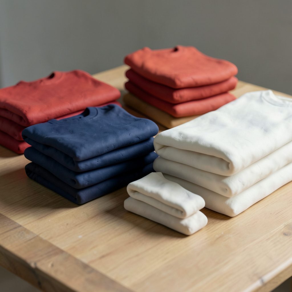Stacks of soft clay-model shirts in navy and white, neatly arranged on a table with gentle shadows.