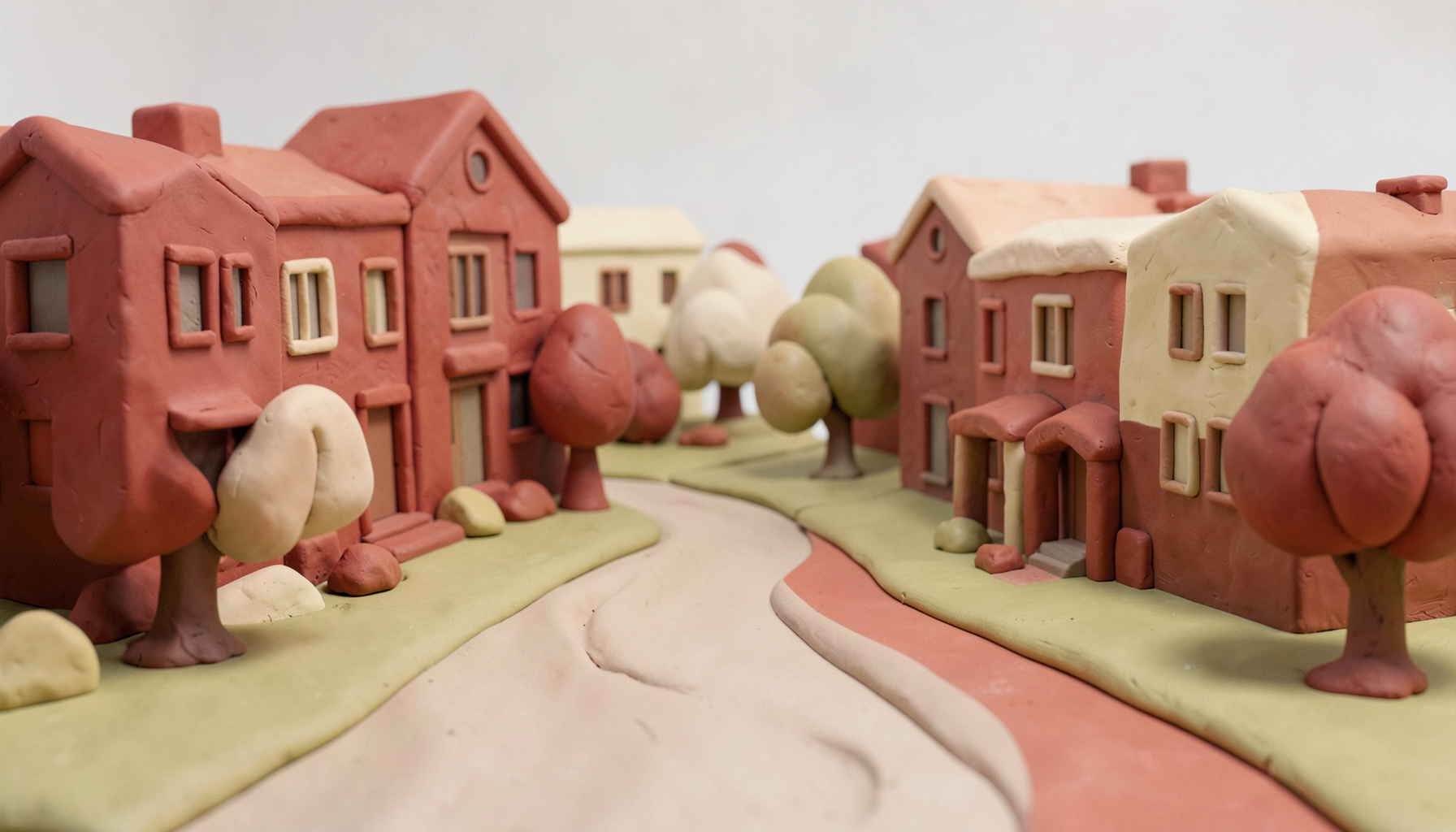 A clay-model university campus scene with soft brick-red and cream buildings, rounded tree forms, and a winding path suggesting a journey ahead.
