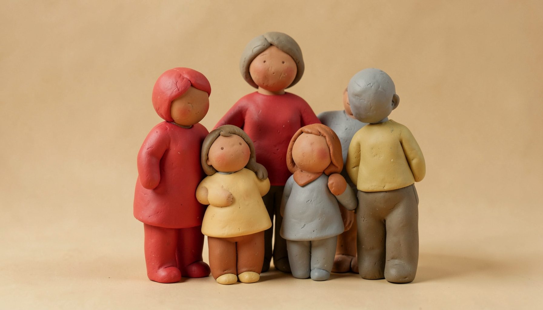 A clay-model scene of a supportive family circle, soft earth tones of ochre and warm gray, rounded figures standing together with gentle overlapping forms.